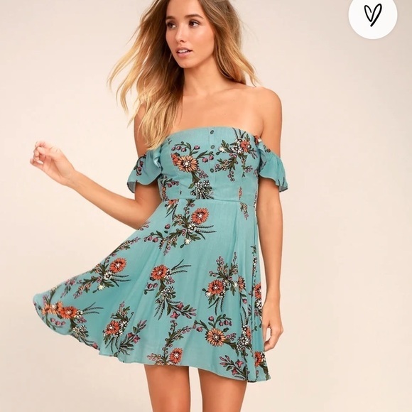 ⭐️Lulu’s, One Sweet Day, Light Blue Floral Print On/Off-the-Shoulder Dress,M - Picture 1 of 13